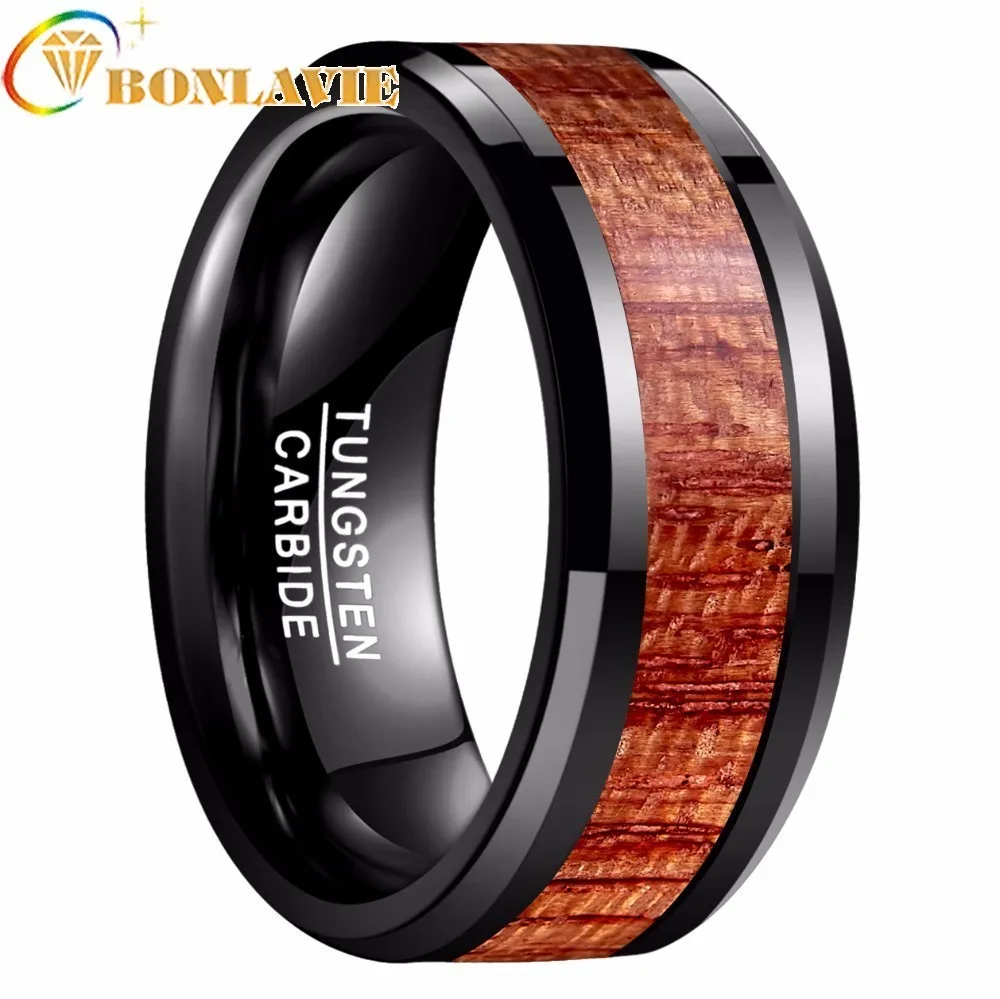 

BONLAVIE 10mm Tungsten Carbide Ring Brown Artichoke Wood Rings Carbide High Polished Black Color for Men Jewelry