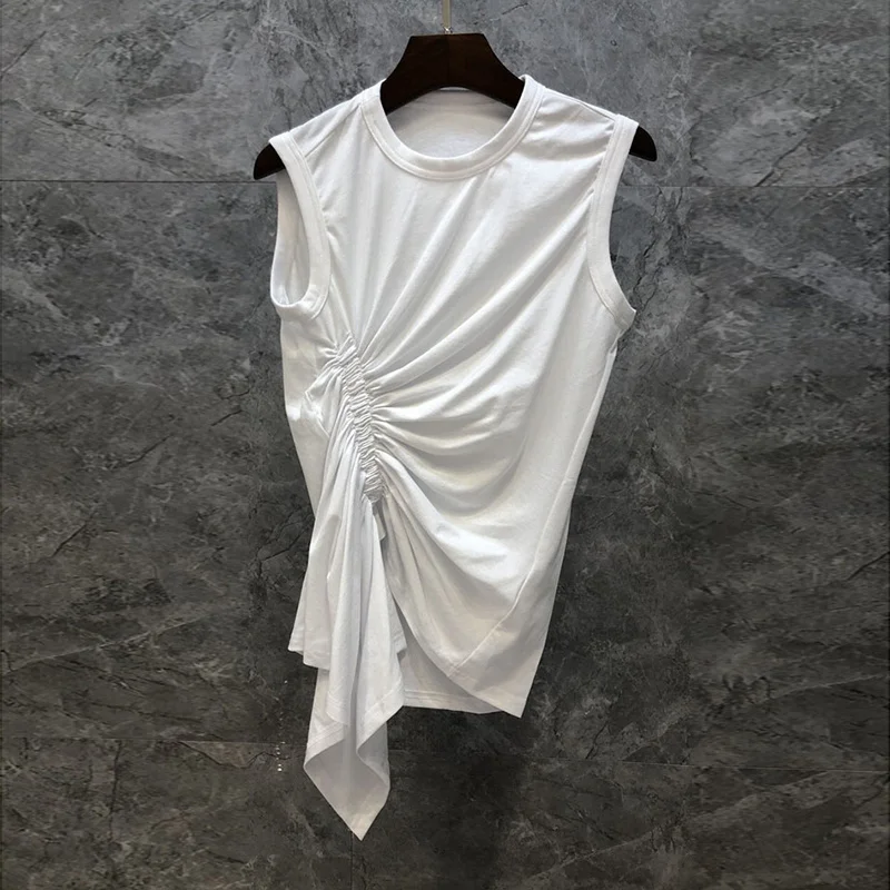 

Casual White Shirt for Women O Neck Sleeveless Ruched Irregular Slim T Shirts Females Summer Fashion 2023 Stylish