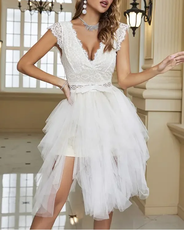 

White Elegant Backless Eyelash Crochet Lace Sheer Mesh Party Dress Women 2022 Summer Fashion New Sexy V Neck Dress