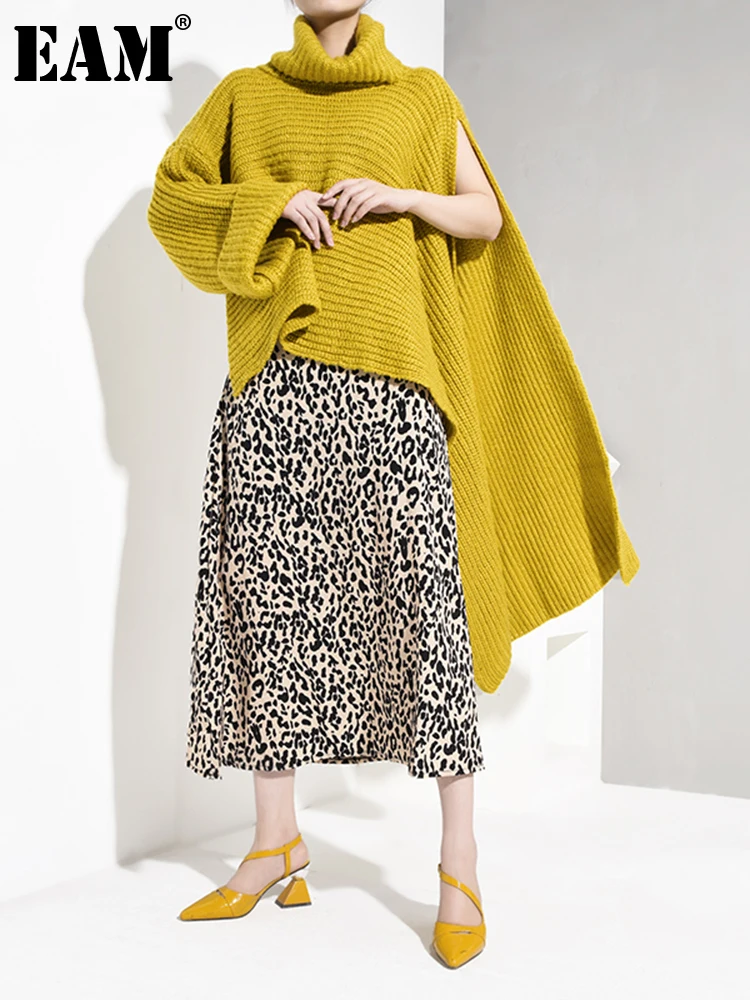 

[EAM] Yellow Asymmetrical Big Size Knitting Sweater Poncho Loose High Collar Long Sleeve Women Fashion Spring Autmn 2022 WB519
