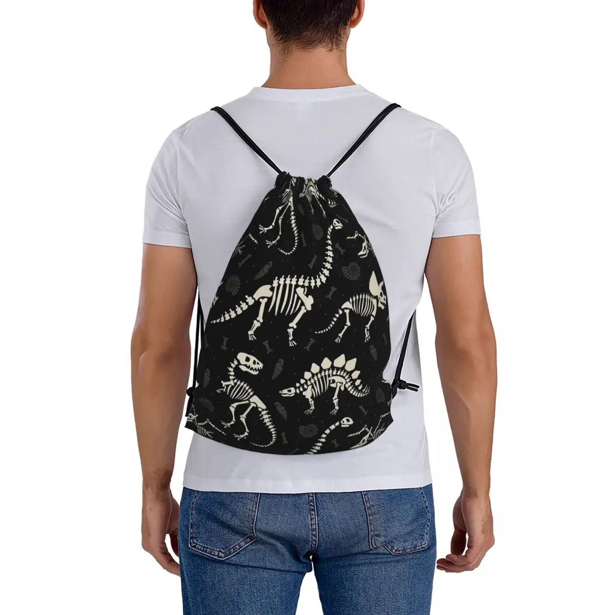 Dinosaur Fossils In Black Backpacks Portable Drawstring Bags Drawstring Bundle Pocket Sports Bag BookBag For Man Woman School images - 6
