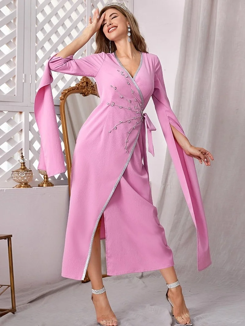 Abaya Muslim Dress Women With Diamond V Neck Cloak Sleeve Robe Summer New Fashion Solid Elegant Party Muslim Long Dress Vestidos