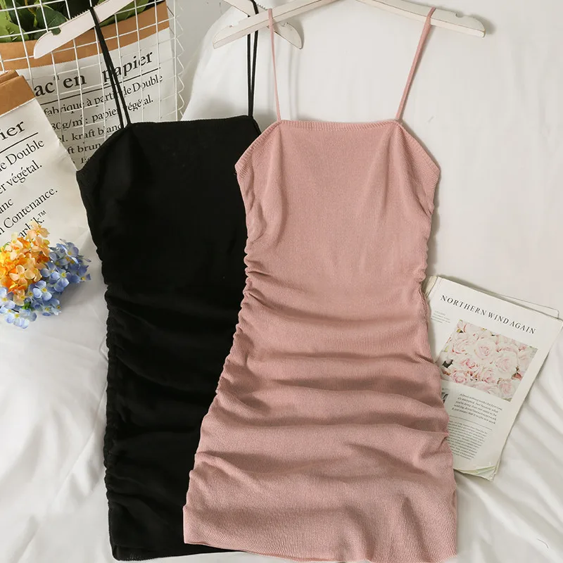 

Женское трикотажное платье на бретелях-спагетти, розовое облегающее платье-футляр без рукавов со складками, лето 2022