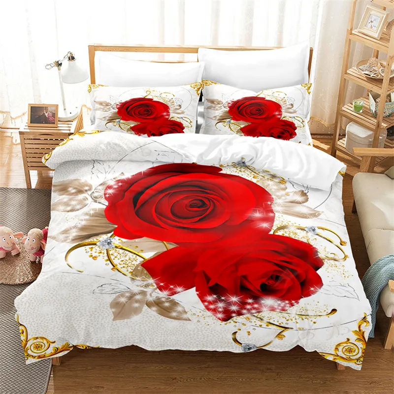 

Romantic Rose Floral Duvet Cover Microfiber Luxury 3D Blossom Flowers Bedding Set King Twin For Girls Teen Couple Bedroom Decor