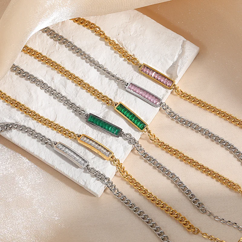 

Tarnish Free Pink White Green Zircon Stone Paved Bracelets For Women Stainless Steel Gold Chain Female Bracelet Jewelry