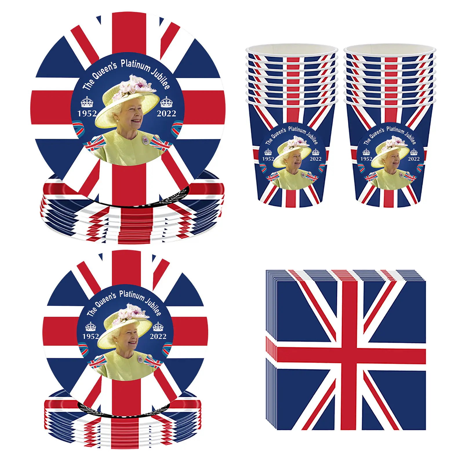 

114pcs Queen's Jubilee Dinnerware Set Queen's 70th Jubilee Paper Cups Plates Dinnerware Set British Bunting Flag Party Supplies