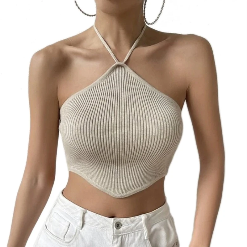 

Womens Ribbed Solid Crop Tops Straps Halter Y2k Top Sexy Short Camisole Tanks Tops Club Parties Open Back Wearing Cloth