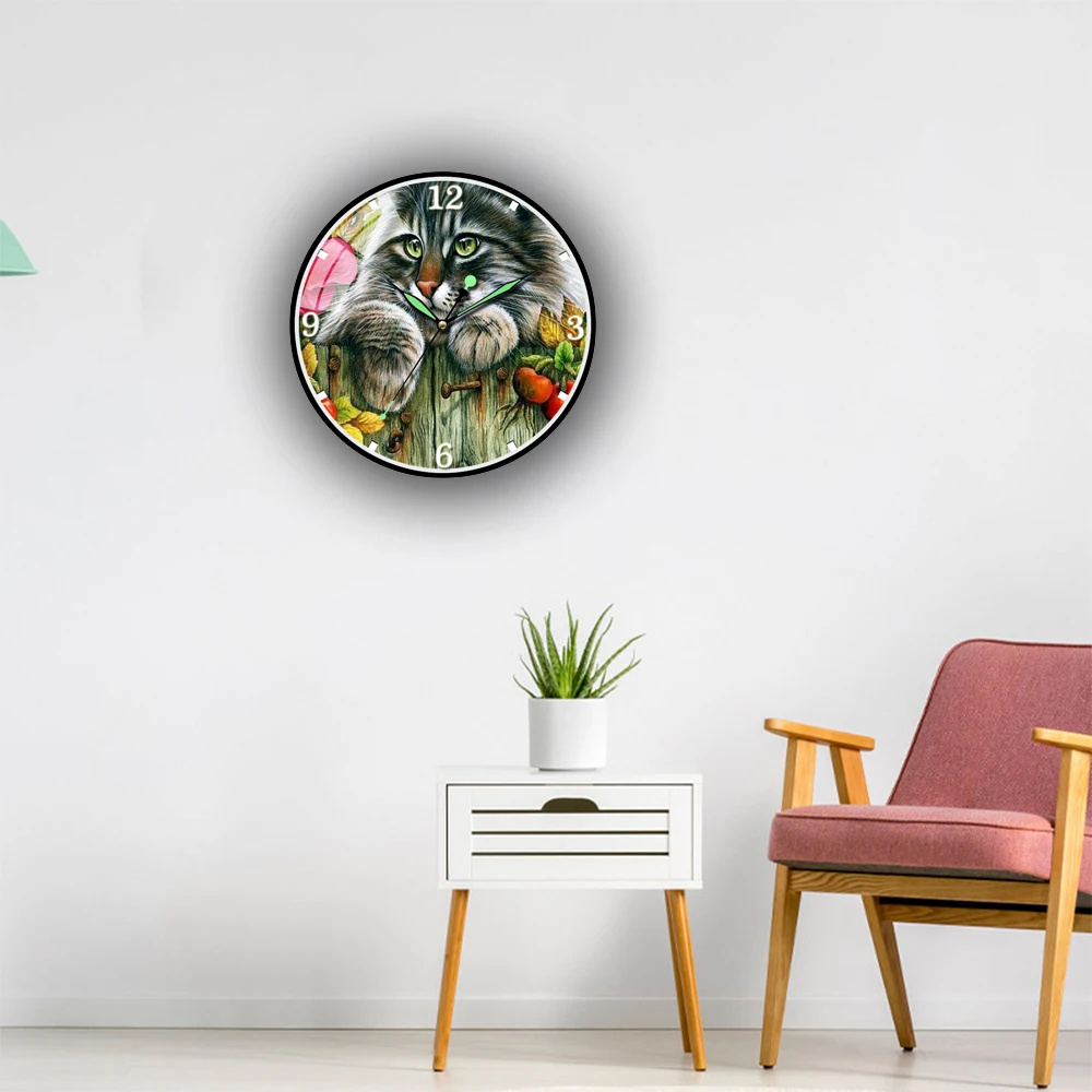 

Animal Maine Coon Oli Painting Wall Clock Luminous Pointer Morden Horloge murale For Living Room Decoration