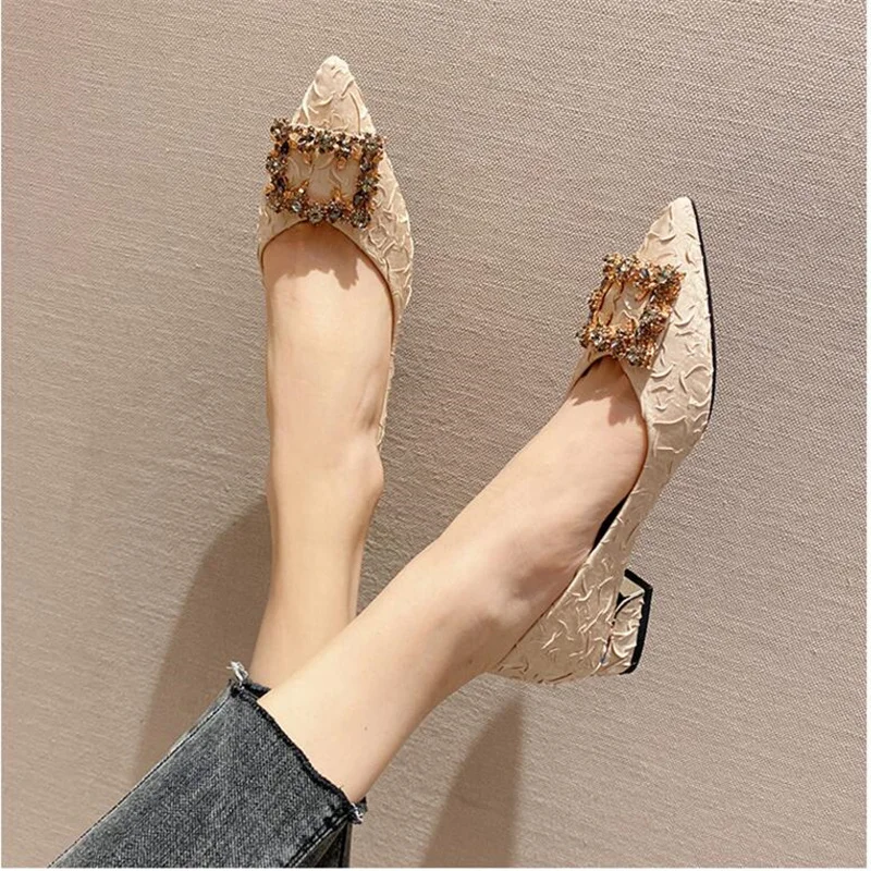 

Zapatos De Mujer 2022 New FashionTemperament Fold Blue French Pointed Shoes Shallow Mouth Rhinestone Mary Jane Thick Heel Shoes