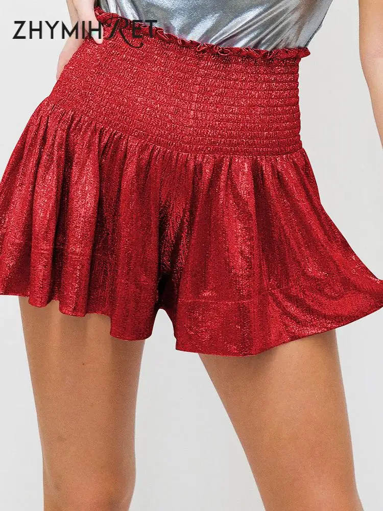 ZHYMIHRET Bling Bright Silk A Line Pleated Women's Shorts 2023 Summer Elastic Highg Waist Y2k Shorts Holiday Festival Outfit