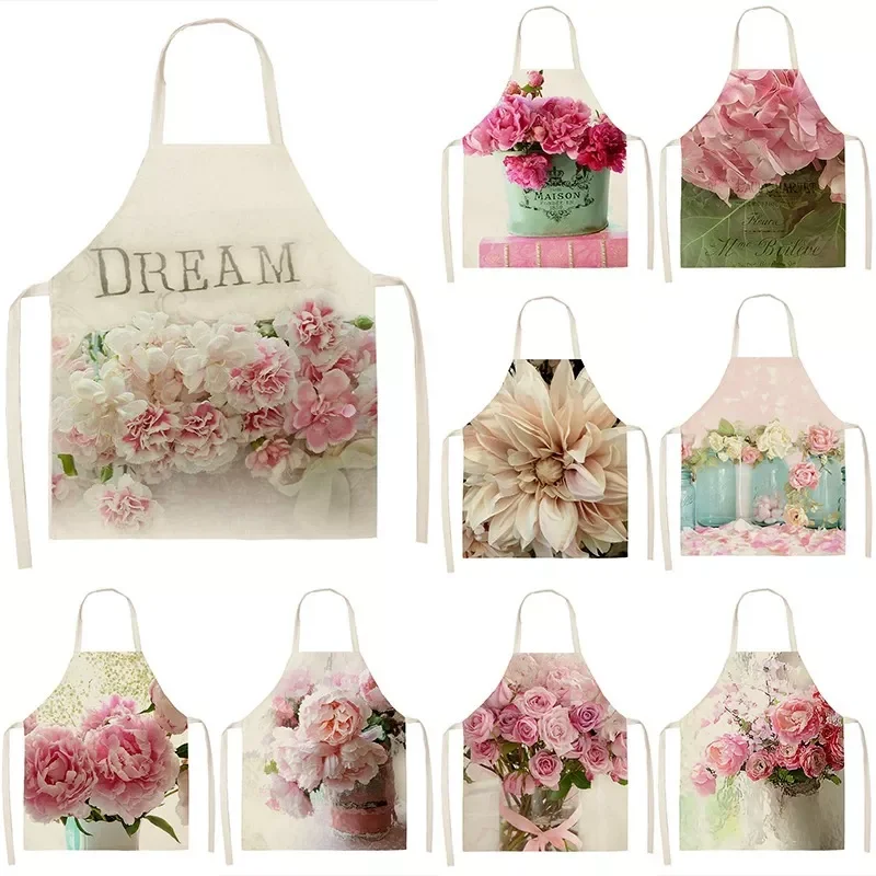 

Sale New Pink Rose Flower Pattern Kitchen Sleeveless Apron Cotton Linen Bib Household Ladies Antifouling Clean Cooking Apron