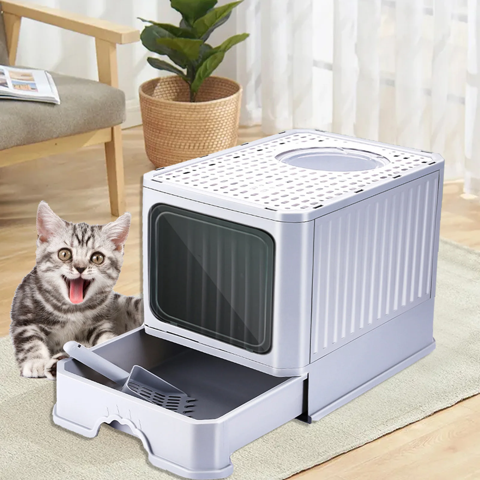 

Top Entry Cat Litter Box Foldable Cat Litter Pan Top Entry Kitten Litter Box With Scoop Drawer Design Easy To Clean
