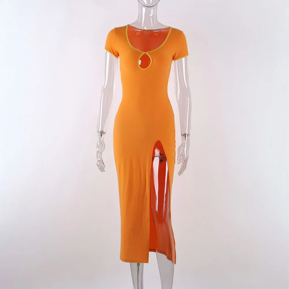 

Y2K Orange Women Dresses Party Midi Bodycon Hollow Out Split Dress Summer 2022 New