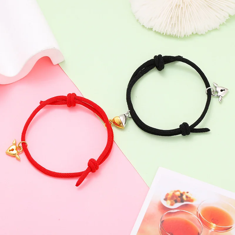 

2pcs Magnetic Bracelet Stainless Steel Heart Pendant Charm Couple Bracelets for Lover Friend Men Knotted Braid Rope Bracelets