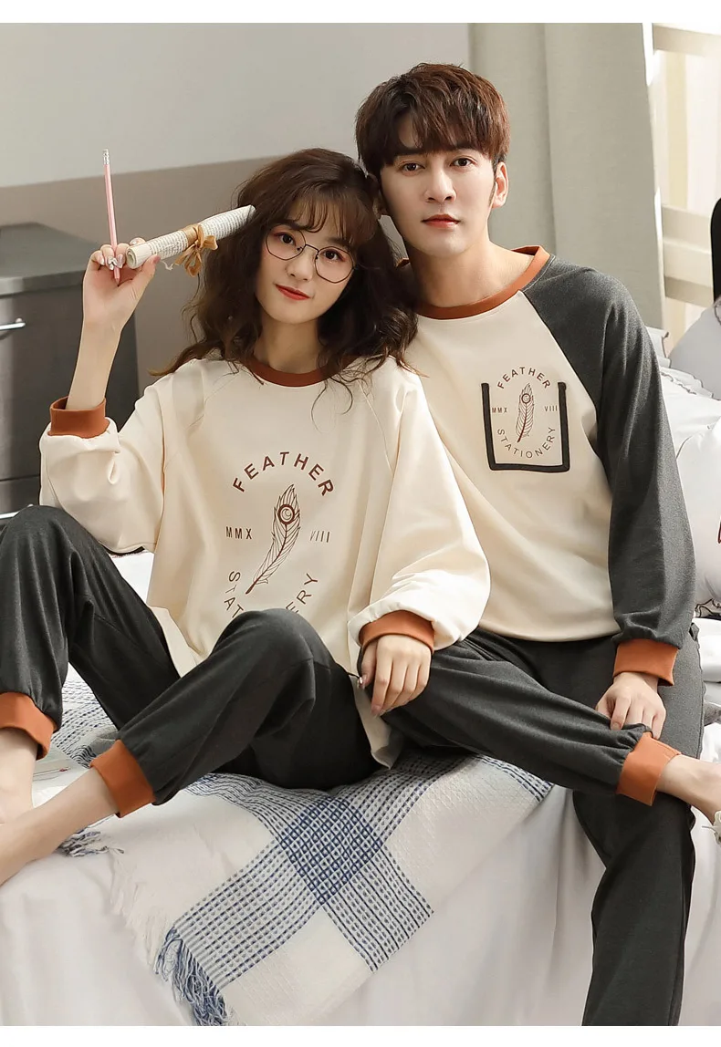 Yasuk Spring Autumn Fashion Women's Casual Soft Cotton Sleepwear Homewear Couple Pajamas Set With Pants Plaid Plume Unisex