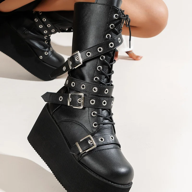 

Big Size 43 Women Boots Black Lace Up Buckle Round Toe Wedges Platform Boots Punk Goth Women Street Shoes Womne's Boots 2022