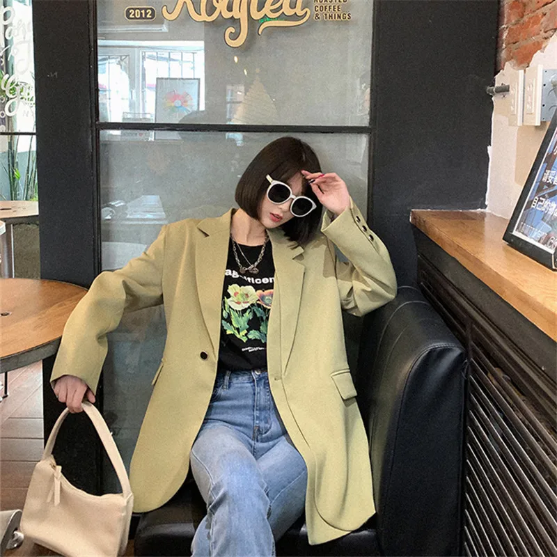 

Korean Women Lapel Green Suit Jacket Spring Autumn New Casual Single Button Chic Double Placket Female Blazer Outwear Streetwear