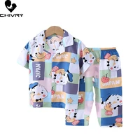 new 2022 kids boys girls summer pajama sets cartoon short sleeve lapel cute t shirt tops with pants toddler sleeping clothes set