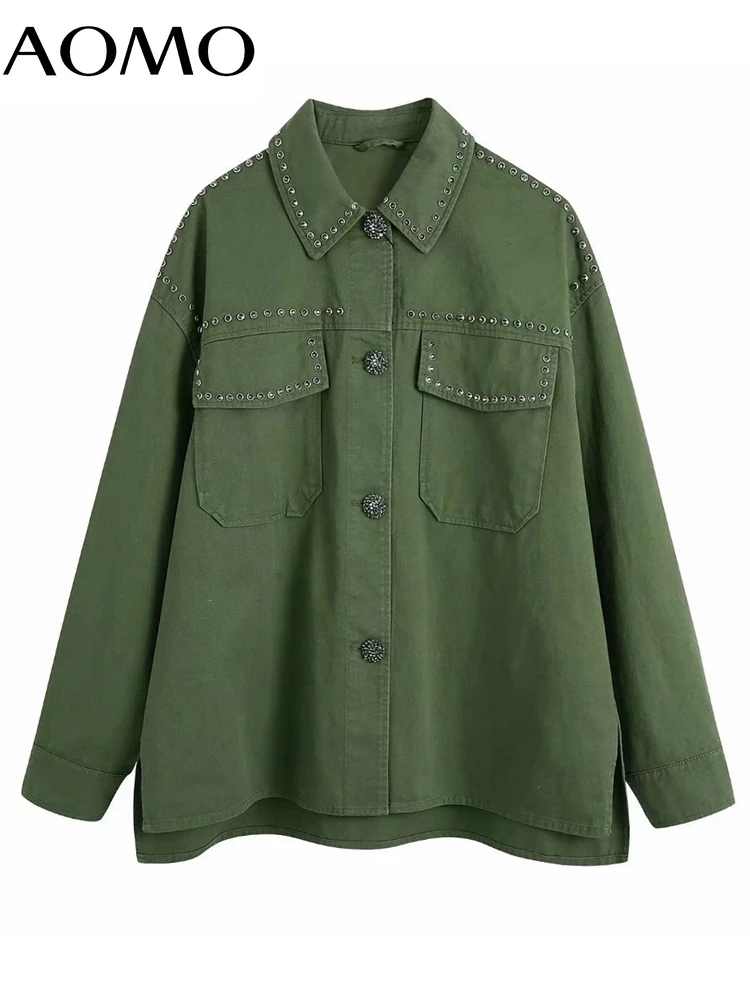 

AOMO Women Fashion Amy Green Beaded Ovesized Jacket Coat Vintage Long Sleeve Female Boy Friend Style Outerwear BE366A