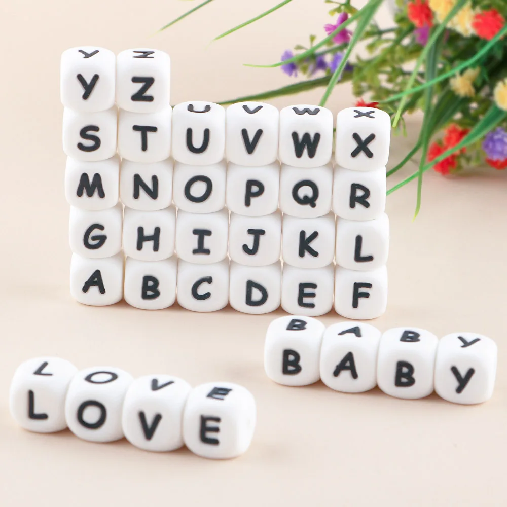Sunrony 100 Alphabet Silicone Beads 12mm Baby Teeth Beads Chewable Alphabet Beads for Personalized Names DIY Teething