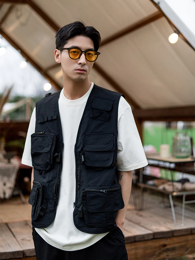 STNW 2022SS cargo waist vest tech coat loose Japan style minimalism black tops street wear