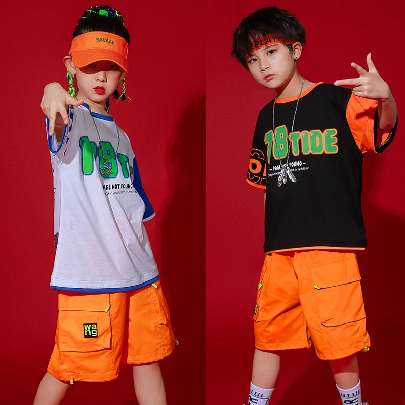 

Children'S Performance Dancing Clothes For Girls Short Sleeve Top Orange Pocket Shorts Boys Hip Hop Clothing Jazz Outfit XS4245