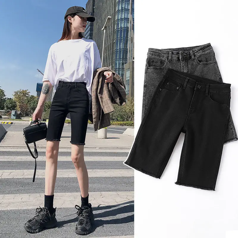 

Woman Summer Denim Shorts Female High Elastic Waist Wide Leg Loose Blue Jeans Pant Ladies Street Wear Fashion Half Pants G116