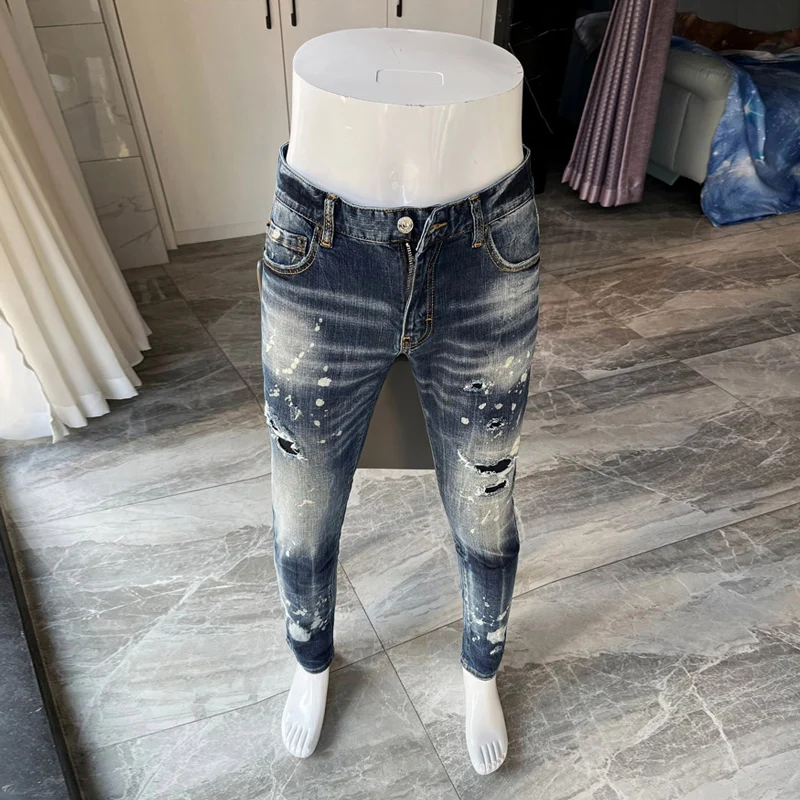 

Street Fashion Men Jeans High Quality Retro Blue Elastic Slim Fit Painted Ripped Jeans Men Patched Hip Hop Brand Pants Hombre