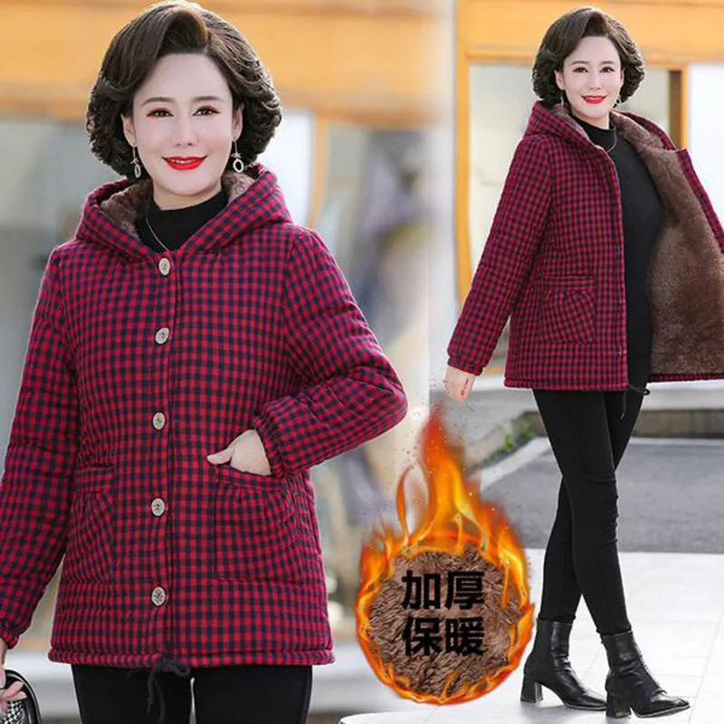 

Новинка, женское пуховое хлопковое пальто среднего возраста, зимняя флисовая Толстая Теплая стеганая куртка, модное женское клетчатое пальто Паркер с капюшоном 5XL