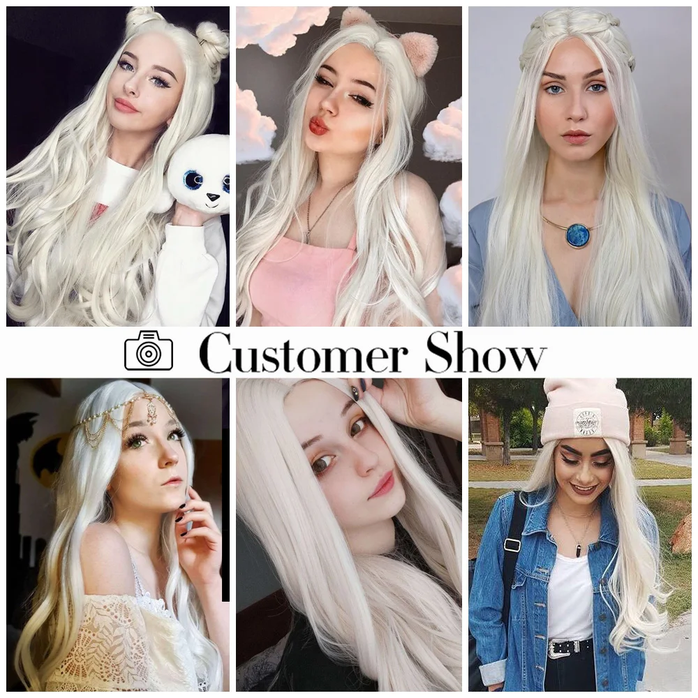 Synthetic Lace Wigs For Women Long Wave  Lolita Anime Cosplay Creamy-White/Black/Orange Middle Parting Nature Hairline Daily