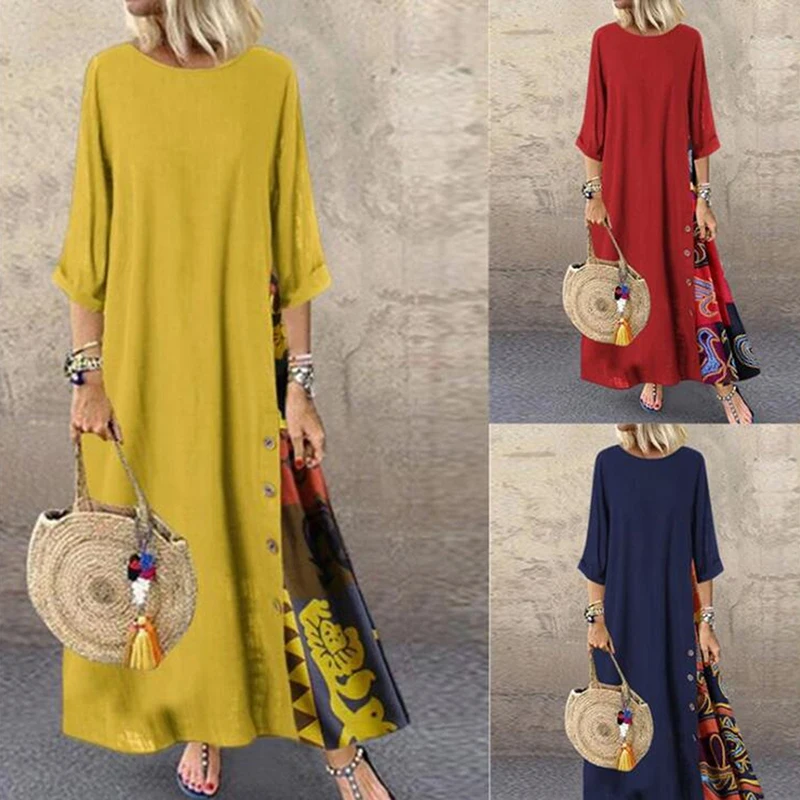 

Vintage Stitching Dress Women's Maxi Sundress Casual 3/4 Sleeve Summer Vestidos Female O Neck Floral Robe