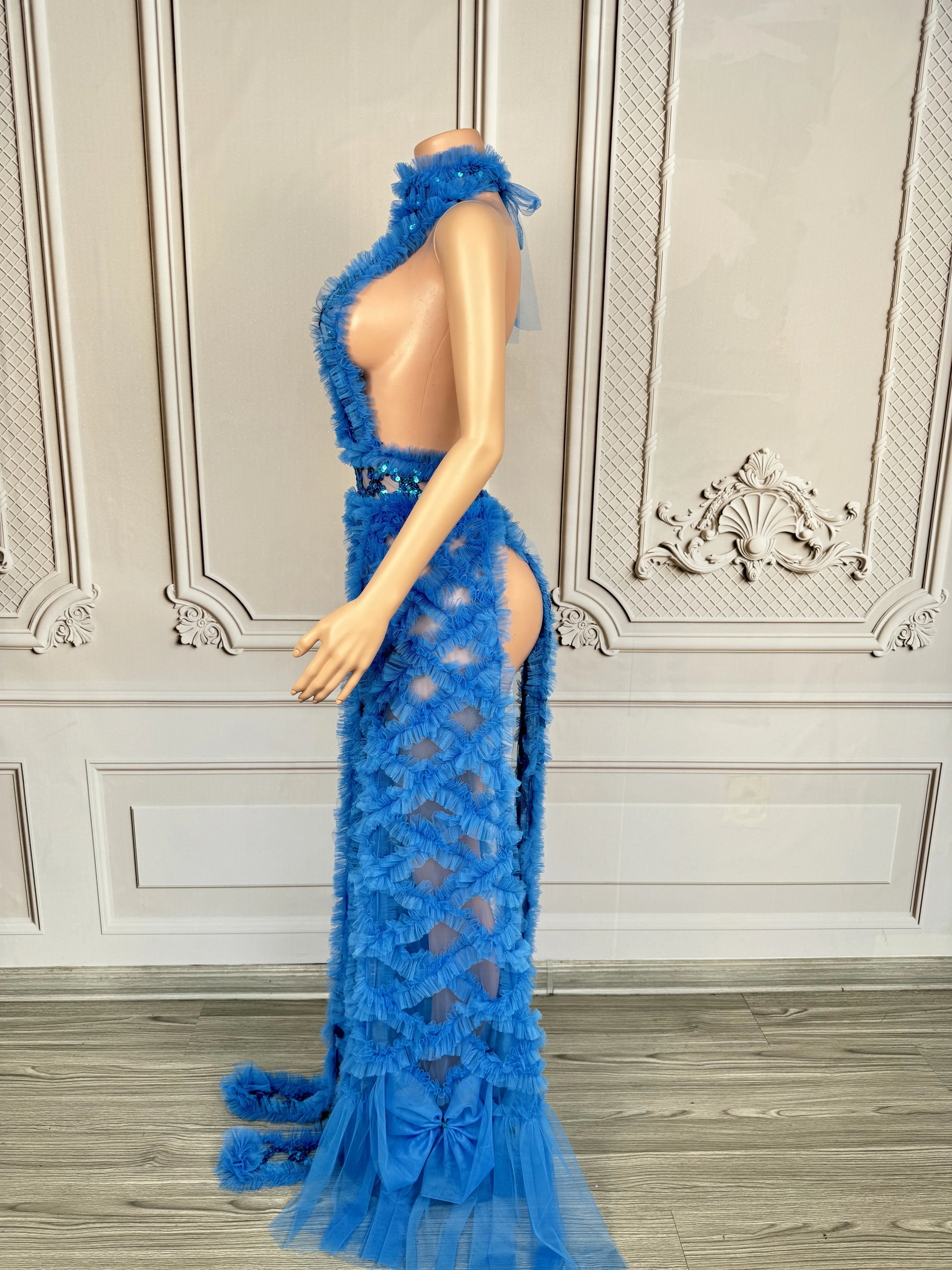 Сексуальное синее сетчатое платье с вырезами и блестками для вечеринки дня