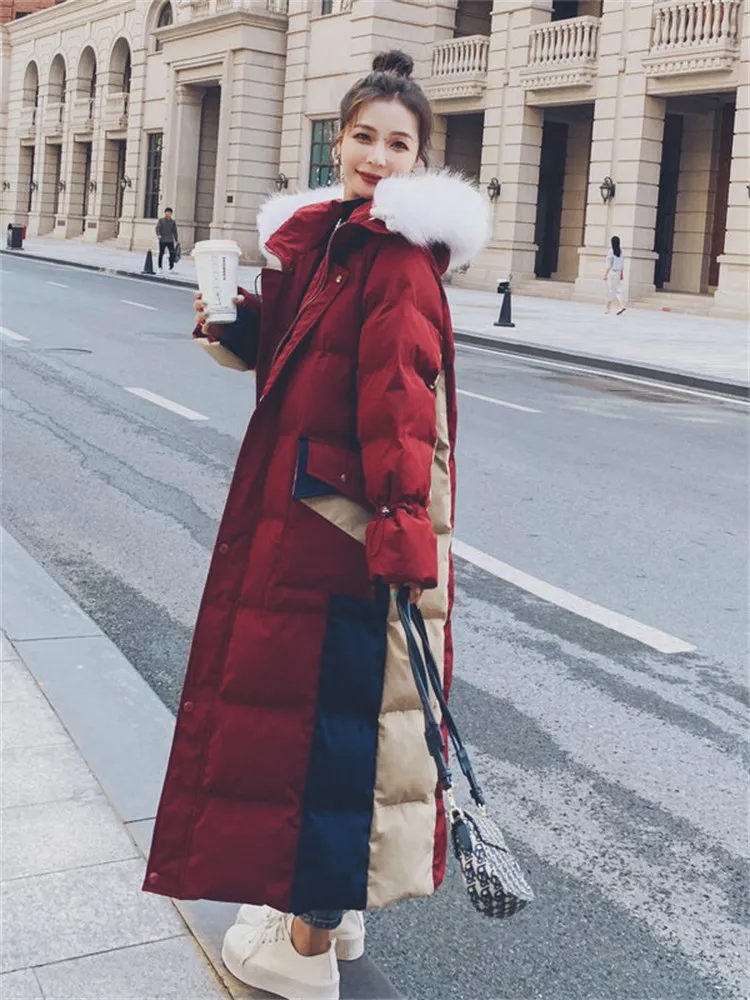 Winter Down Cotton Coat Women 2022 New Female Korean Version Thick Warm Outer Wear Fashion Contrasting Colors Long Jacket N1494