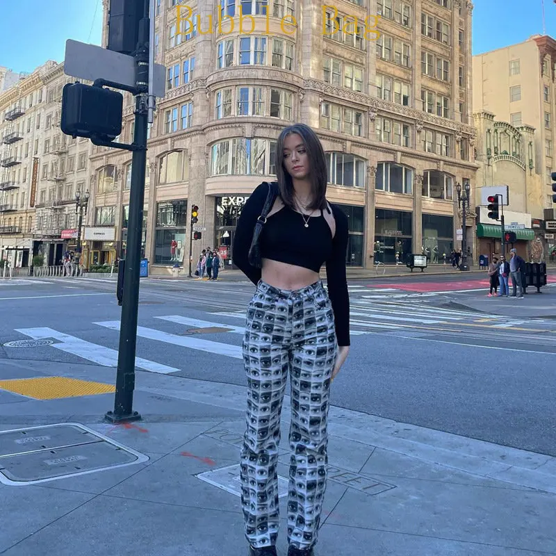 Pants Female Ins High Street Eye Full of Pattern Printed Straight Pants Design Sense Niche Wide Leg Pants Female Y2k