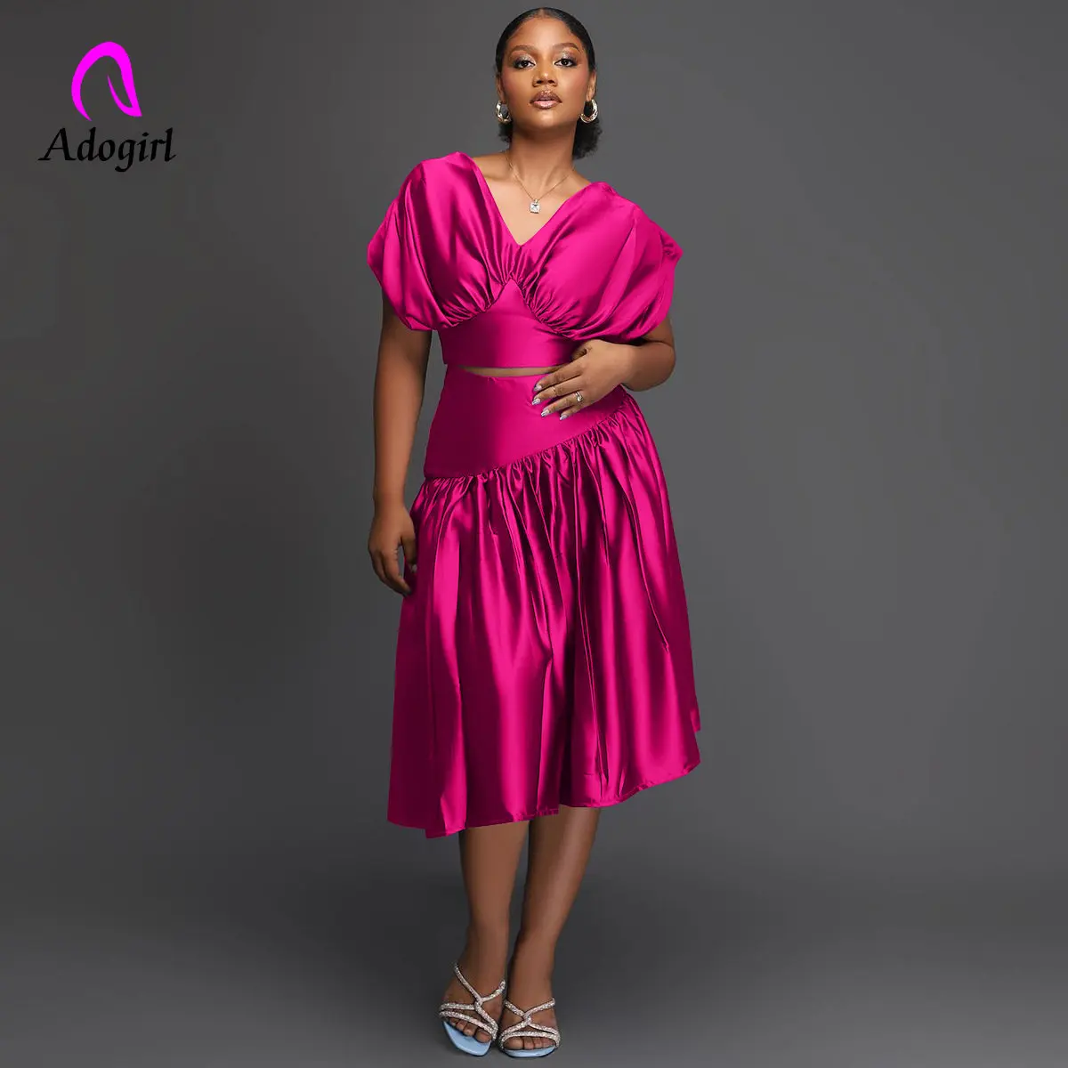 

Женский элегантный атласный комплект из 2 предметов, винтажный короткий топ с глубоким V-образным вырезом и коротким рукавом и плиссированная юбка миди с высокой талией и широкой юбкой