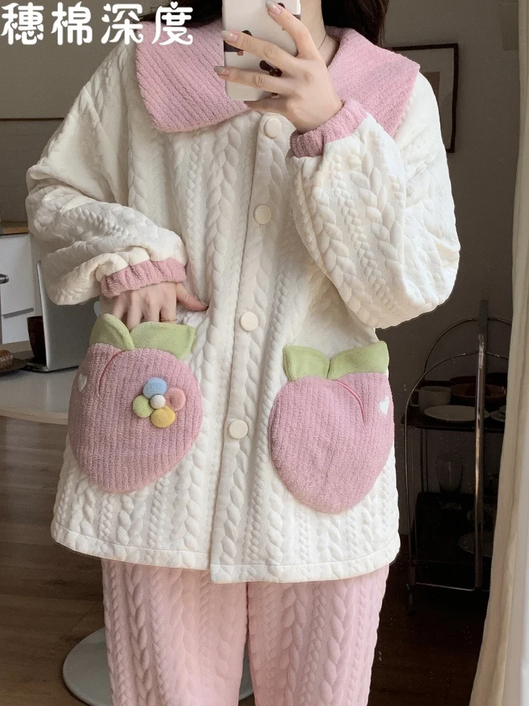 Пижамы женские осенние и зимние утолщенные сэндвич-воздушные хлопковые