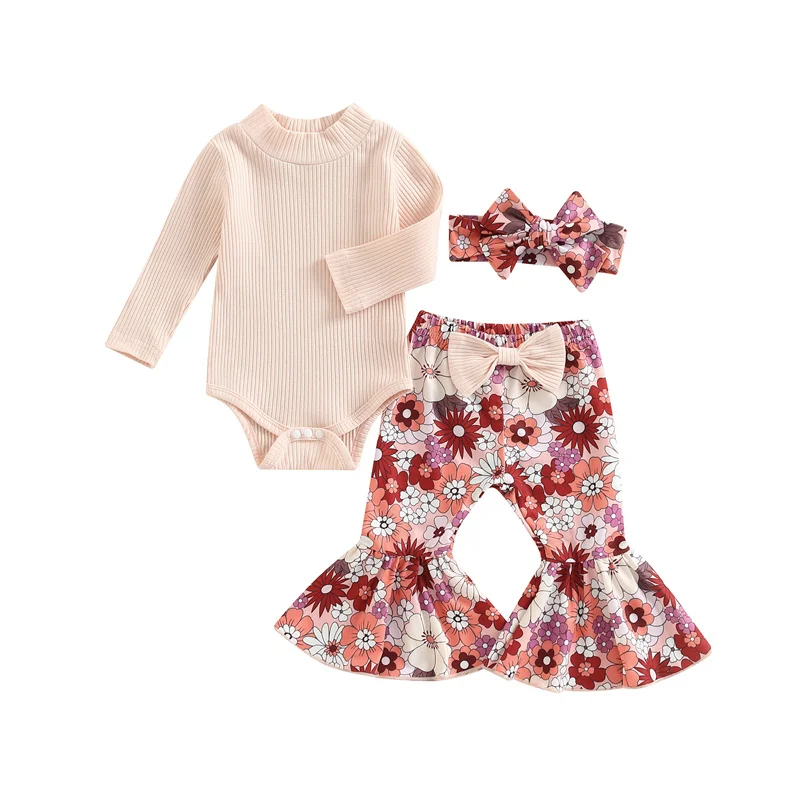 

Комплект одежды для новорожденных девочек 0-18 месяцев, Осенний весенний комбинезон с длинным рукавом и высоким воротником в рубчик, топ + искусственный бант с повязкой на голову