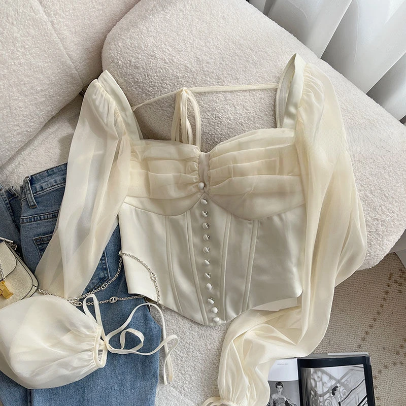 

Beige Chiffon Women Blouse Summer 2022 Sweet Style Square Collar Puff Sleeved Short Empired Elegant Female Pulls Outwear Tops