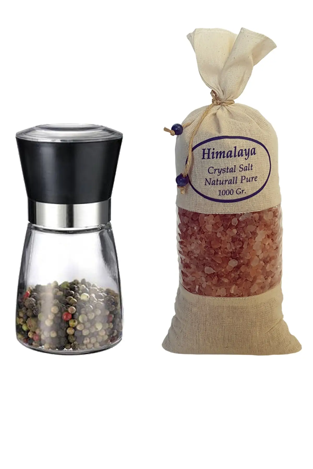 

1Kg. Dark Pink Color + Ceramic Blade Mill Salt in Burly Himalayan Salt Cloth Bag Mill Salt/spice Mill Glass Brown