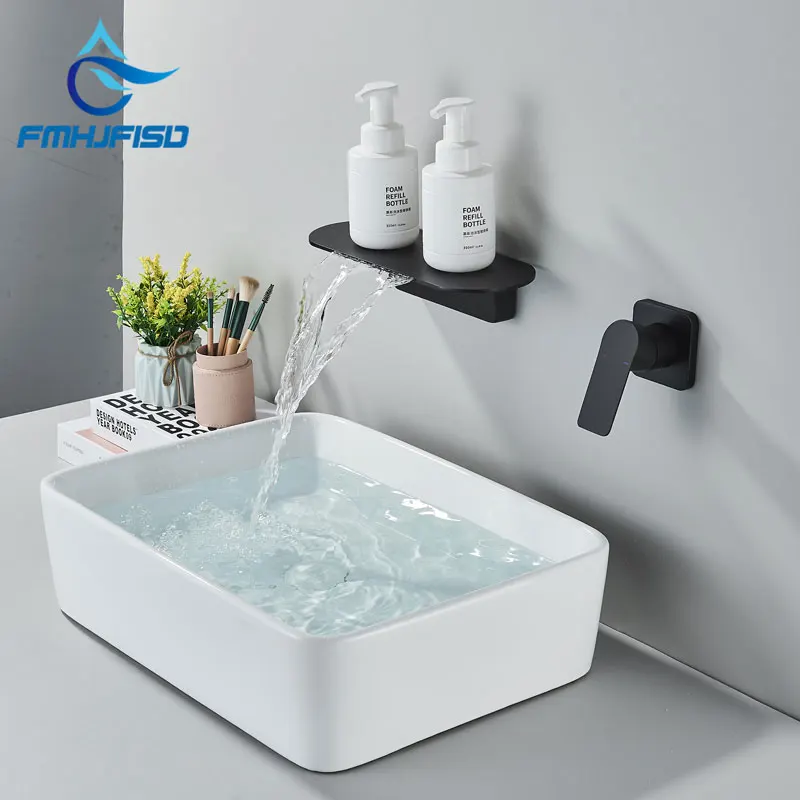 

Wall Mounted Waterfall Basin Faucets Widespread Sink Faucet Concealed Box Chrome Polished Bathroom Mixer Tap Hot And Cold Water