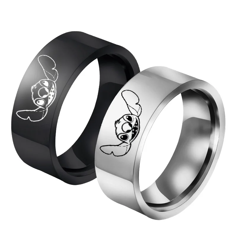 

Stitch 8mm Flat Ring Creative Design Stainless Steel Rings Anime Cartoon Metal Rings Stitch Couple Ring Fashion Simple Jewelry