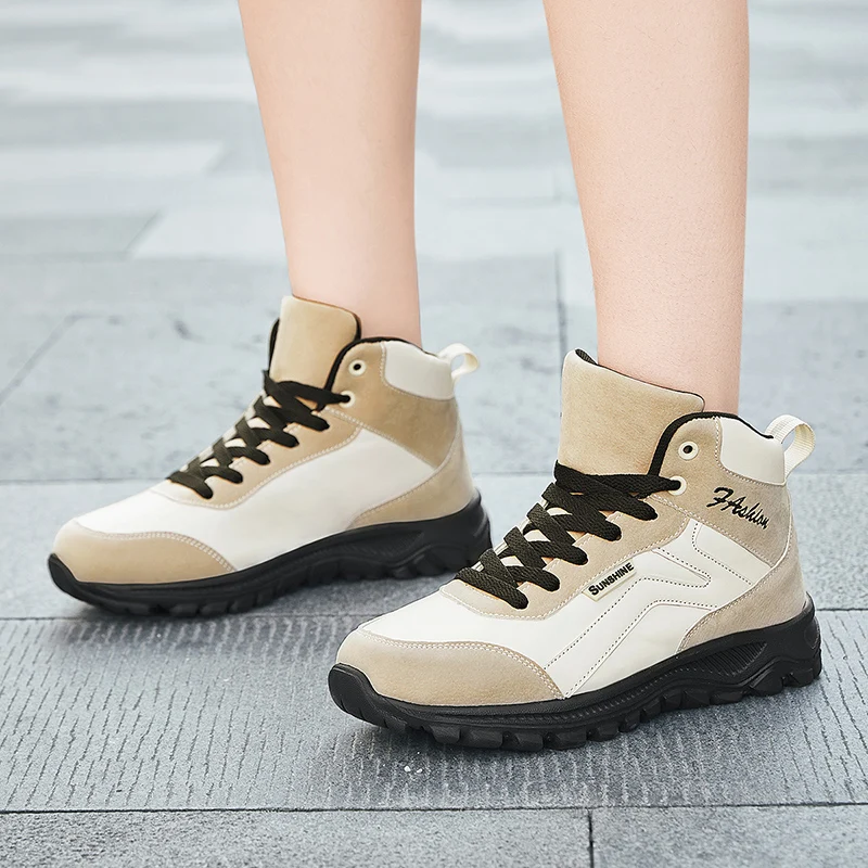 Women's Walking Shoes Fall Winter Sneakers PU Lightweight Casual Sneakers Platform Mid-Top Hiking Shoes