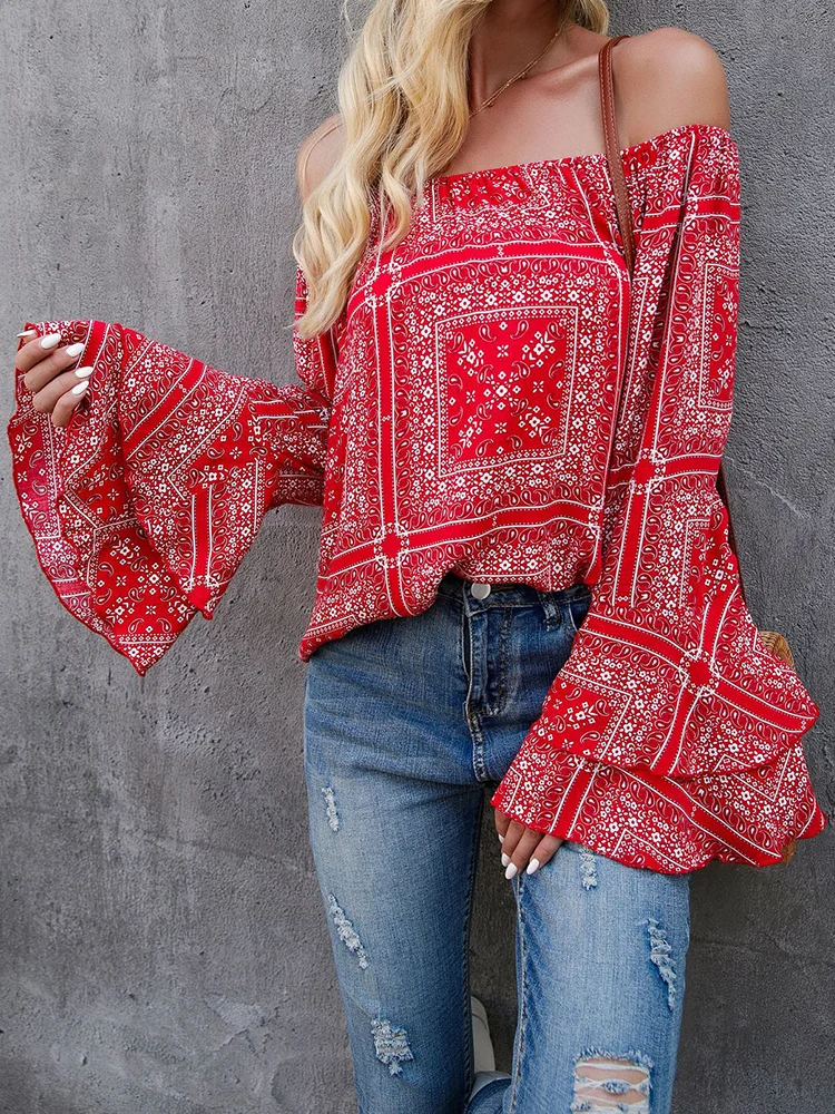 

Vintage Pattern Print Harajuku Blouse Spring Women Sexy One Shoulder Loose Pullover Tops Summer Casual Slared Long Sleeve Shirt