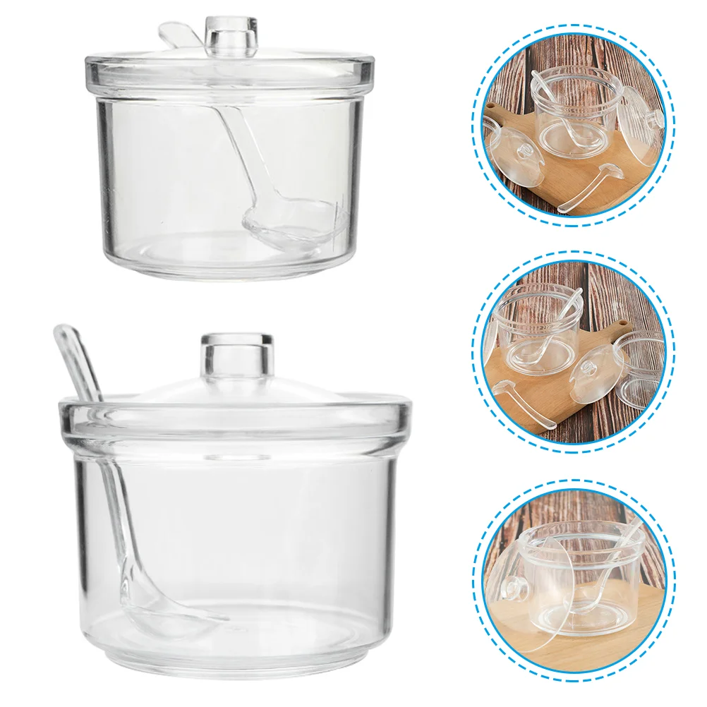 2 Sets Transparent Salt Jar Clear Container Seasoning Sugar Box Condiment Spoon Glass Containers Storage Lid