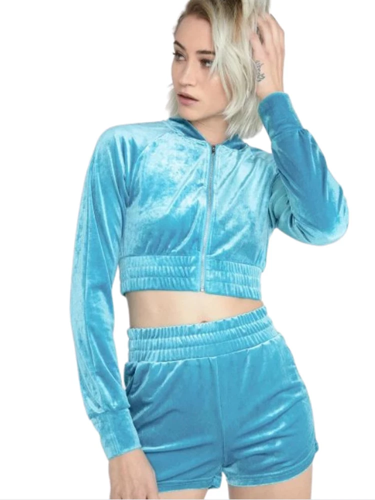 Velvet Hoodie Cropped Jacket Two Piece 