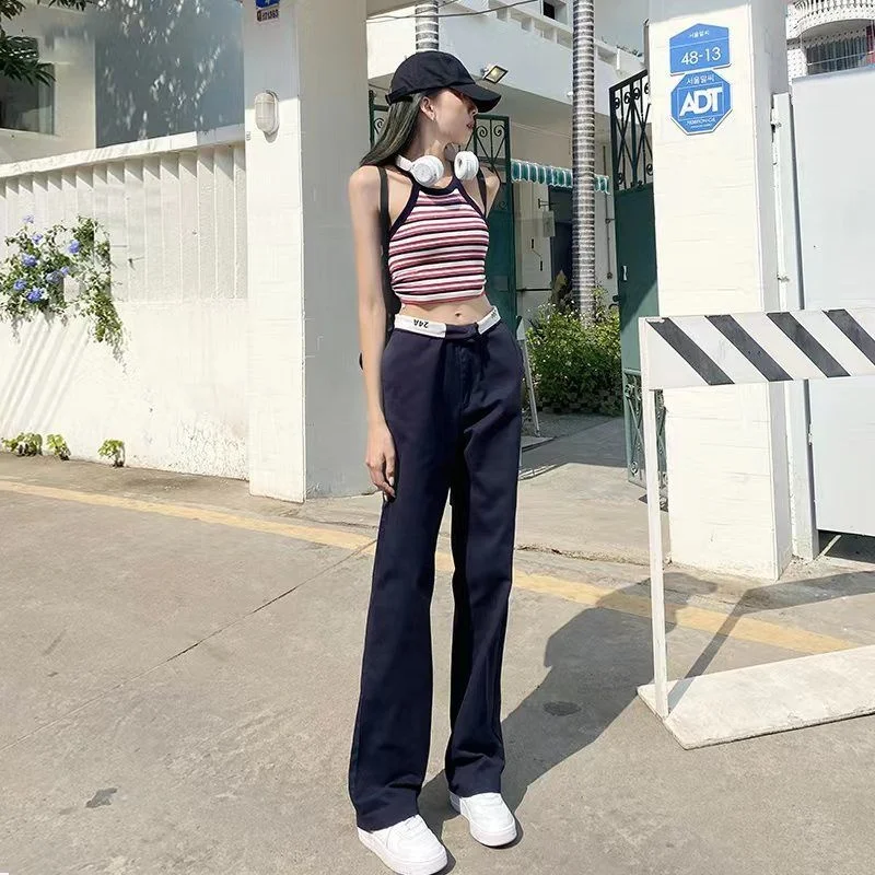 

Новые весенне-осенние тонкие широкие брюки с завышенной талией, женские облегающие универсальные повседневные брюки в европейском и амери...