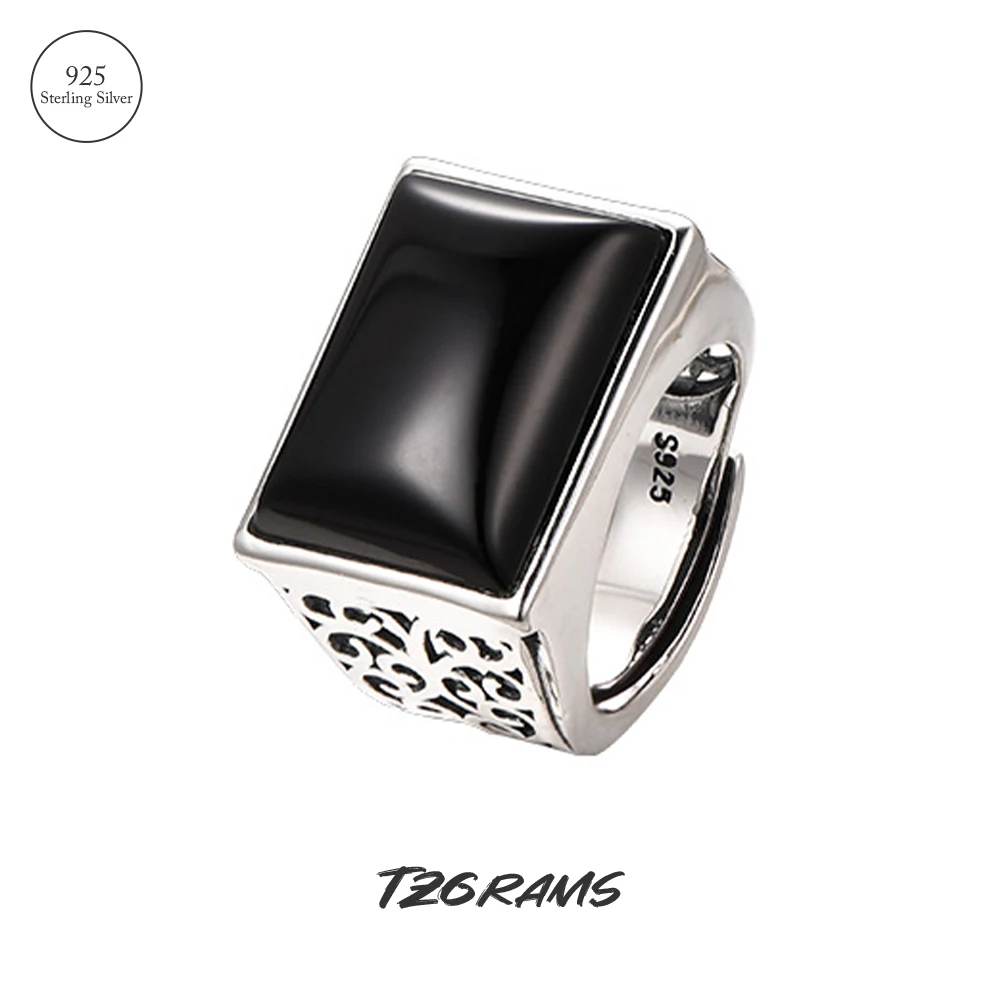 

TZgrams Genuine Big Gemstone Natural Black Stone Onyx Ring 925 Sterling Silver Vintage Statement Ring for Women Jewelry Gift