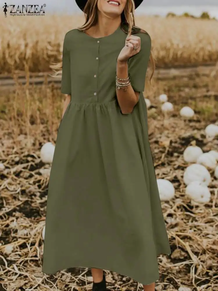 

ZANZEA Women Fashion Half Sleeve Solid Mid-calf Sundress 2022 Casual Loose Party Beach Vestidos Robe Femme Summer Holiday Dress