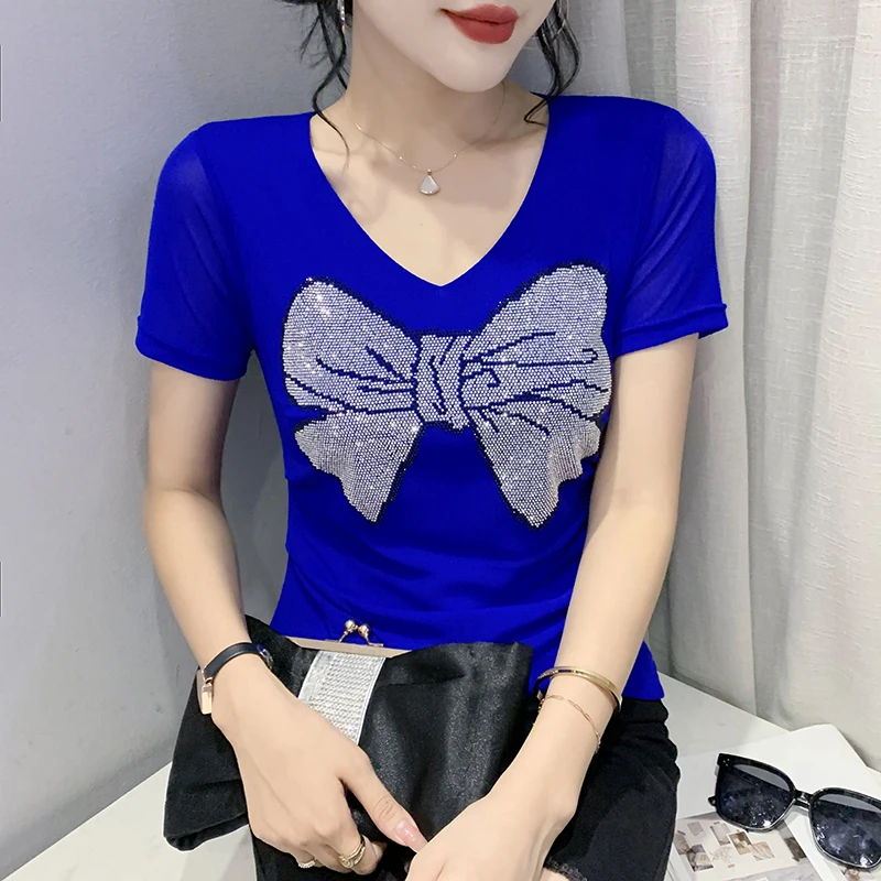 

2022 Summer New Short Sleeved Women's T-Shirt Fashion Casual V-Neck Bow Diamond Mesh Tops M-3XL Camisetas Feamle Clothing