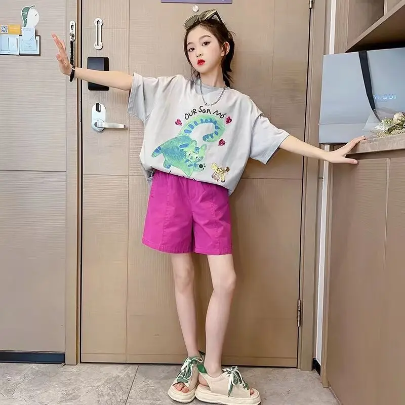 

Girls Summer New Loose Fashion Loose Cartoon Print Short Sets 4 6 8 10 12 14 16 Years Girls Streetwear Outfits Kids Clothing